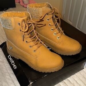 Bebe Mustard Lace-Up Boots with Glittering Cuff